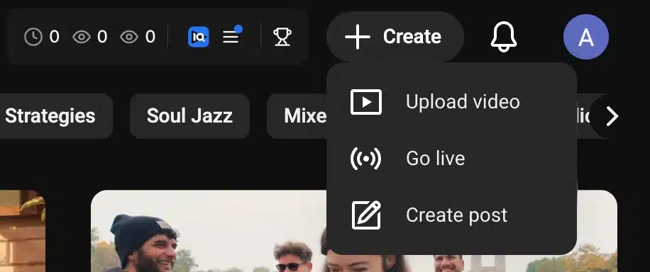 YouTube desktop interface showing the “Create” menu with options to upload a video, go live, or create a post.