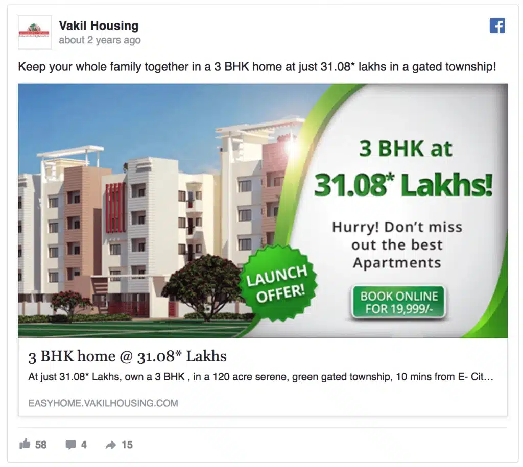 Facebook ad for a 3 BHK home at 31.08 lakhs in a gated township with booking details.