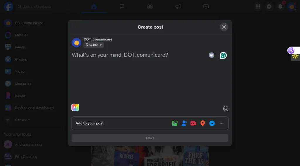 Facebook desktop post creation window for a page called “DOT. comunicare,” showing the text field “What’s on your mind?” with post options below.