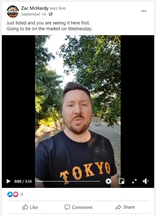 Real estate agent Facebook Live announcing a new property listing.