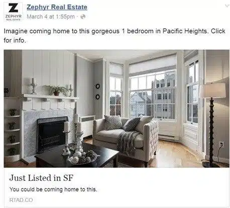 Facebook ad showing a 1-bedroom home in Pacific Heights, San Francisco.