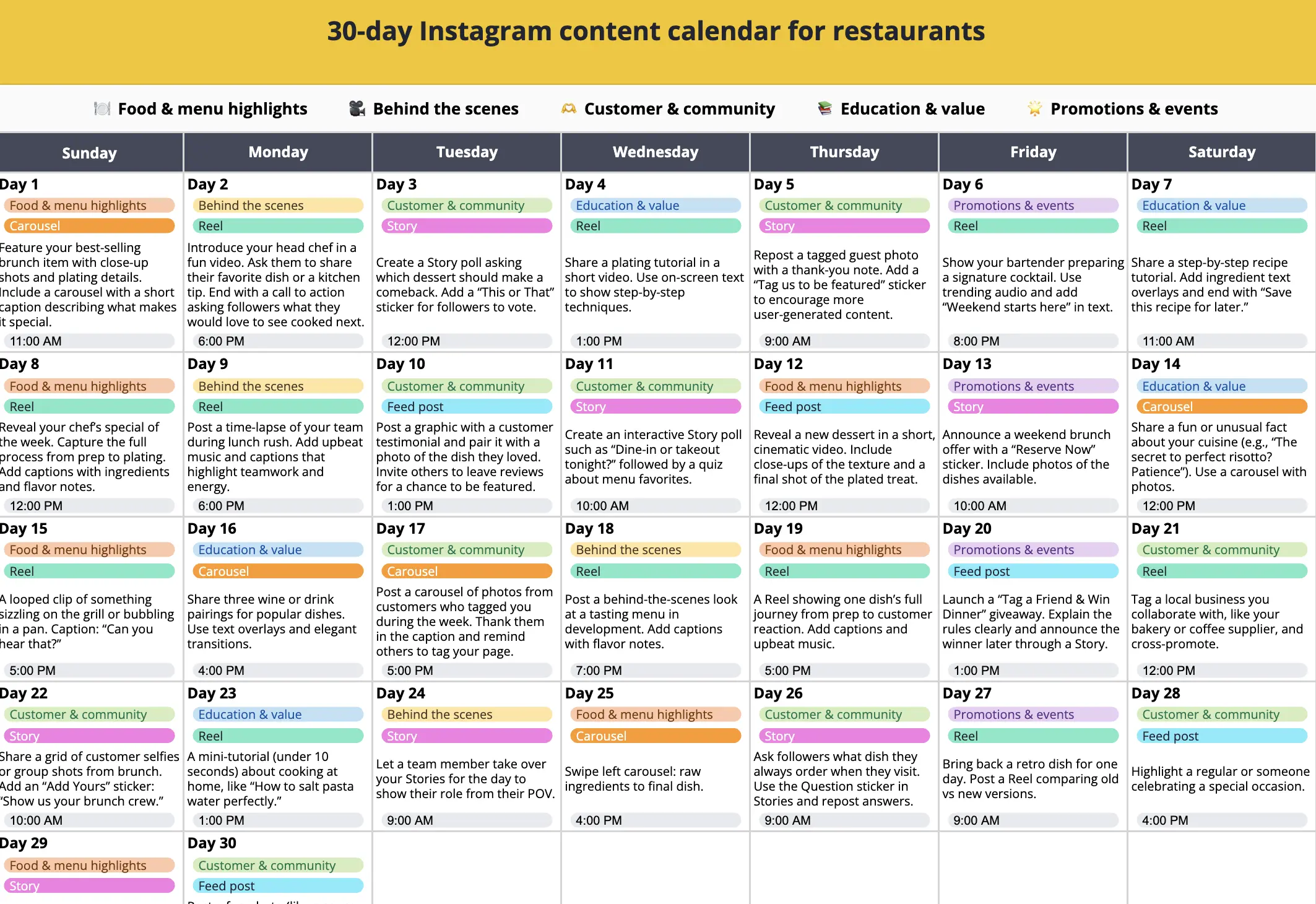 Instagram calendar for restaurants with daily food highlights, behind-the-scenes posts, customer engagement ideas, and promotional content.