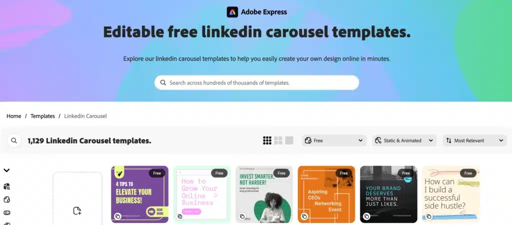 Adobe Express displaying the page “Editable free LinkedIn carousel templates.” A search bar appears at the top, followed by a grid of carousel template thumbnails with various business, marketing, and event-focused designs.