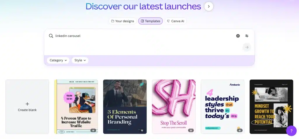 Canva’s template library showing the search bar with “linkedin carousel” typed in. Several LinkedIn carousel template thumbnails appear in a row, including designs about leadership, personal branding, and website traffic.