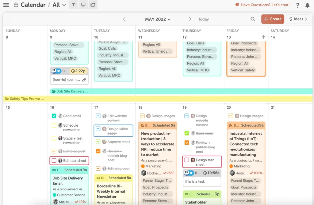 CoSchedule’s May 2022 content calendar, showing a color-coded view of scheduled tasks like blog posts, emails, and design work organized by date and team member.