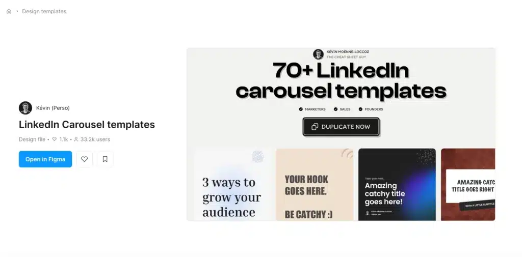 Figma community file titled “LinkedIn Carousel templates” by designer Kévin. The preview shows a large header reading “70+ LinkedIn carousel templates” above multiple minimalist carousel cover designs.