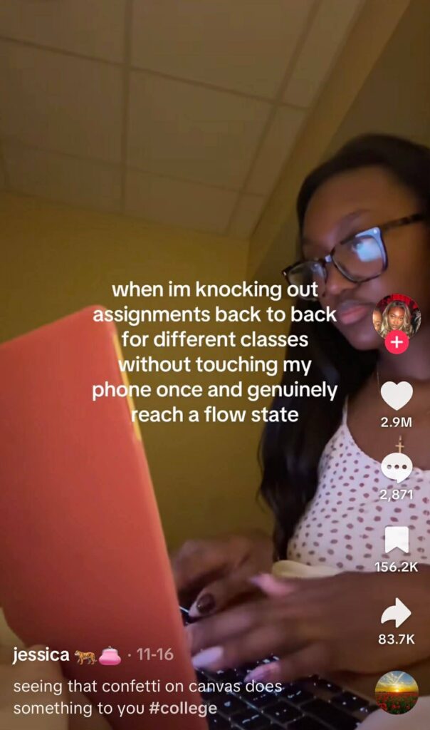 A college student types on a laptop in a dimly lit room, with on-screen text describing the feeling of finishing multiple assignments back-to-back without checking their phone and reaching a flow state.