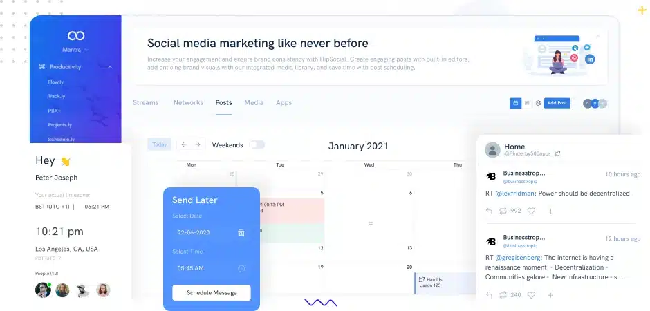 HipSocial’s social media management interface featuring a post scheduling calendar, send-later options, social streams, and a sidebar with user profile details.
