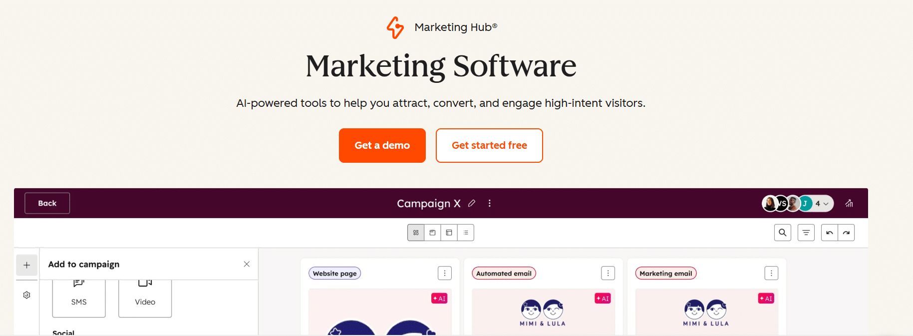 Marketing software landing page showing a headline, demo and signup buttons, and a campaign dashboard with email and website templates.