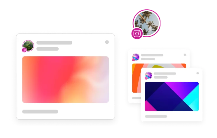 A set of Instagram-style post mockups with profile icons, caption placeholders, and bright, abstract image thumbnails in different layouts.
