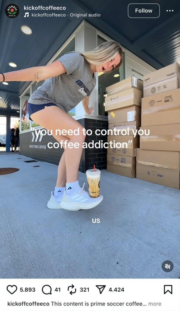 A woman outside a coffee shop is balancing a coffee cup on her foot. The caption on the image reads, “You need to control your coffee addiction.”