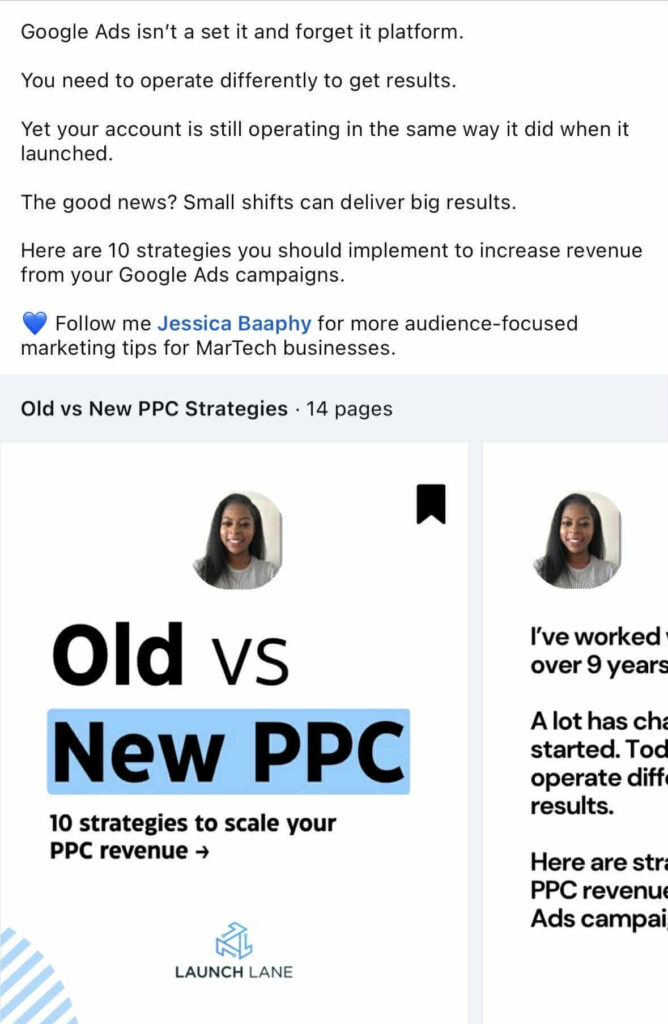 LinkedIn post by Jessica Baaphy introducing a 14-page carousel titled “Old vs New PPC Strategies.” The post explains that Google Ads requires new approaches to get results and promises 10 strategies to increase PPC revenue.