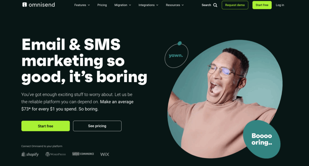 Omnisend’s homepage featuring a headline alongside an image of a man yawning.