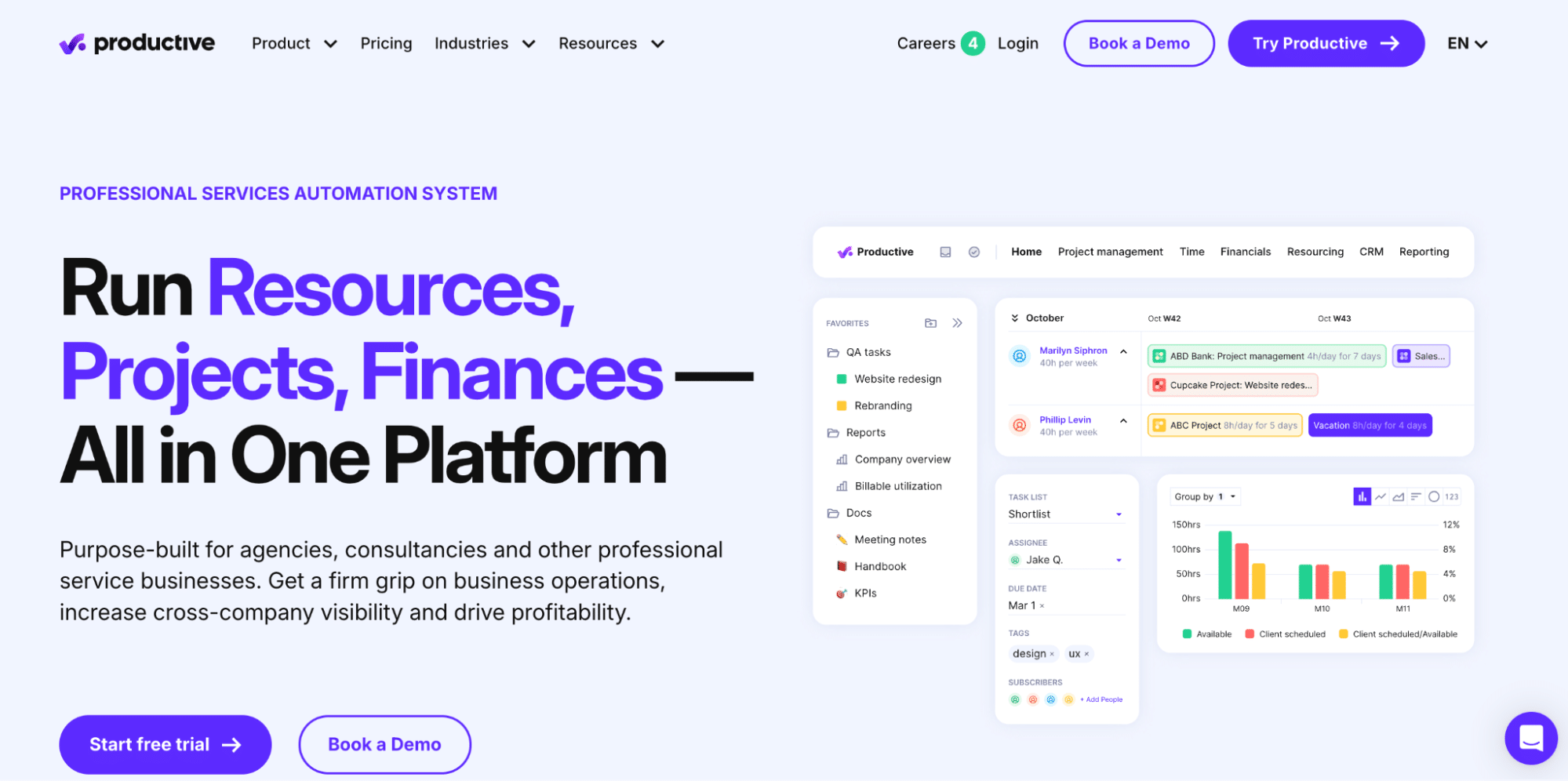 Screenshot of the Productive website homepage featuring the tagline “Run Resources, Projects, Finances — All in One Platform”.