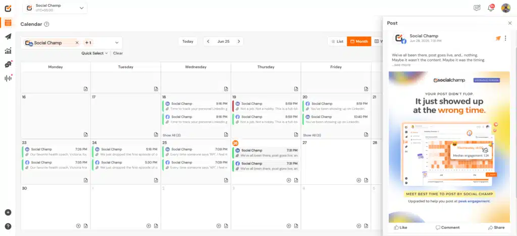 Social Champ’s social media calendar showing scheduled LinkedIn and Facebook posts for June, with a preview panel displaying a post about best times to publish content.