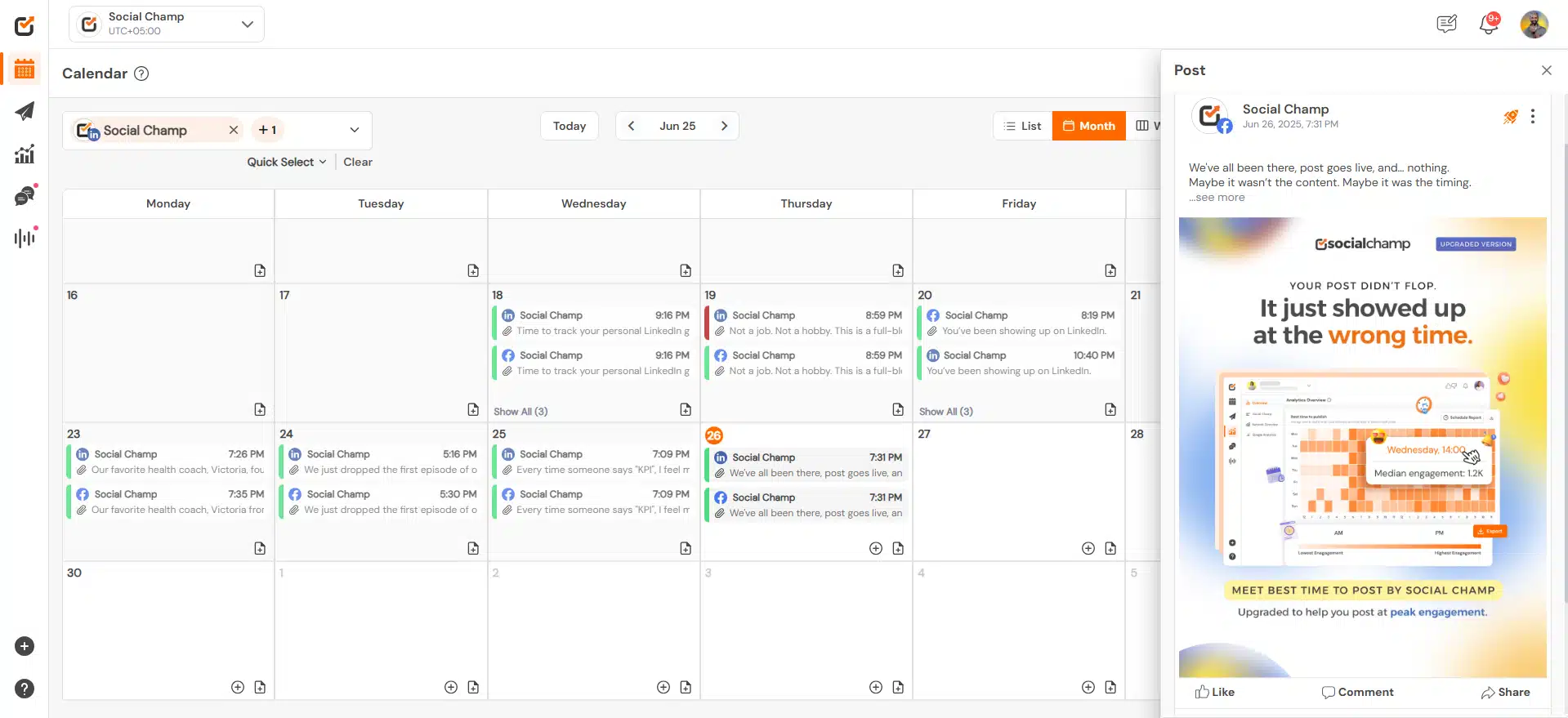 Social Champ’s social media calendar showing scheduled LinkedIn and Facebook posts for June, with a preview panel displaying a post about best times to publish content.