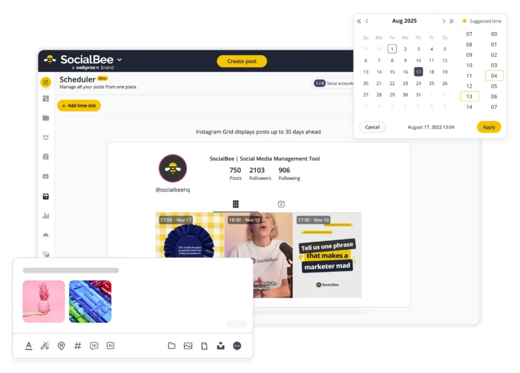SocialBee’s Instagram scheduler showing a grid preview of upcoming posts, with a calendar tool for selecting suggested posting times.