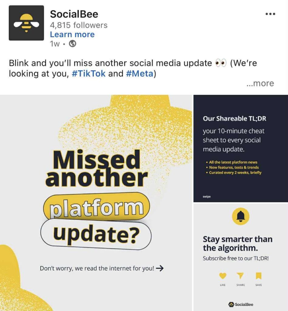 A SocialBee LinkedIn post promoting their TL;DR social media newsletter. The first graphic reads “Missed another platform update?” in bold black and yellow text with abstract yellow shapes in the background.