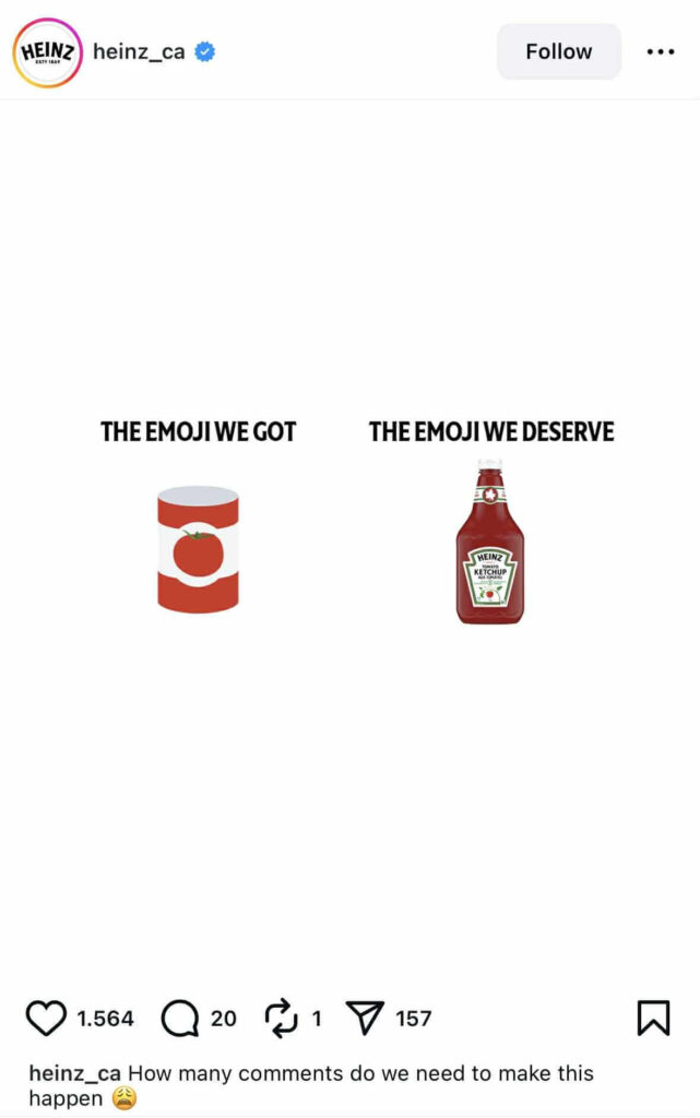 A minimalist graphic compares two images side by side. On the left, a tomato can labeled “THE EMOJI WE GOT.” On the right, a Heinz ketchup bottle labeled “THE EMOJI WE DESERVE.”