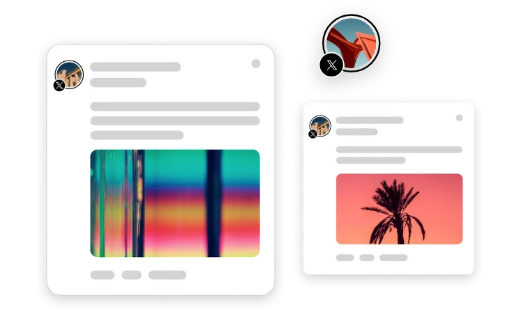 Two Facebook-style post mockups displaying profile icons, caption placeholders, and photos of architectural details in orange and red tones.