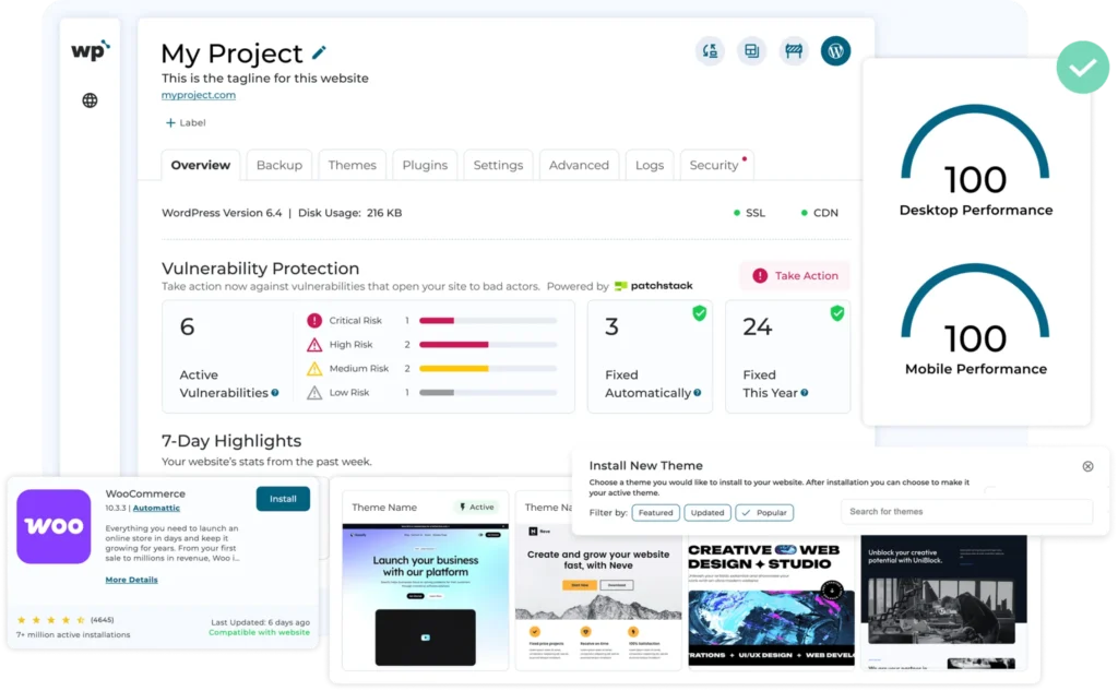 WPSquared WordPress management dashboard labeled “My Project,” showing tabs for Overview, Backup, Themes, Plugins, Settings, Advanced, Logs, and Security.