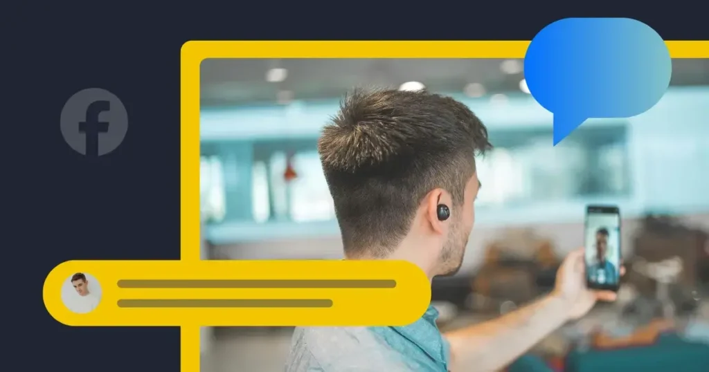 Persona grabando una Historia de Facebook en su teléfono con iconos de chat y el logotipo de Facebook superpuestos.