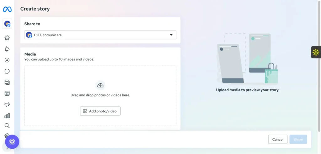 Meta Business Suite interface showing the “Create story” screen with upload options for photos and videos.