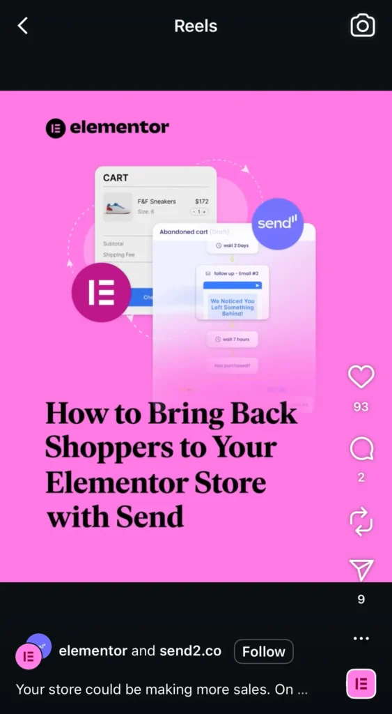 Bright pink Instagram Reel cover showing an Elementor eCommerce automation flow with the text “How to Bring Back Shoppers to Your Elementor Store with Send” alongside visuals of an abandoned cart email sequence.