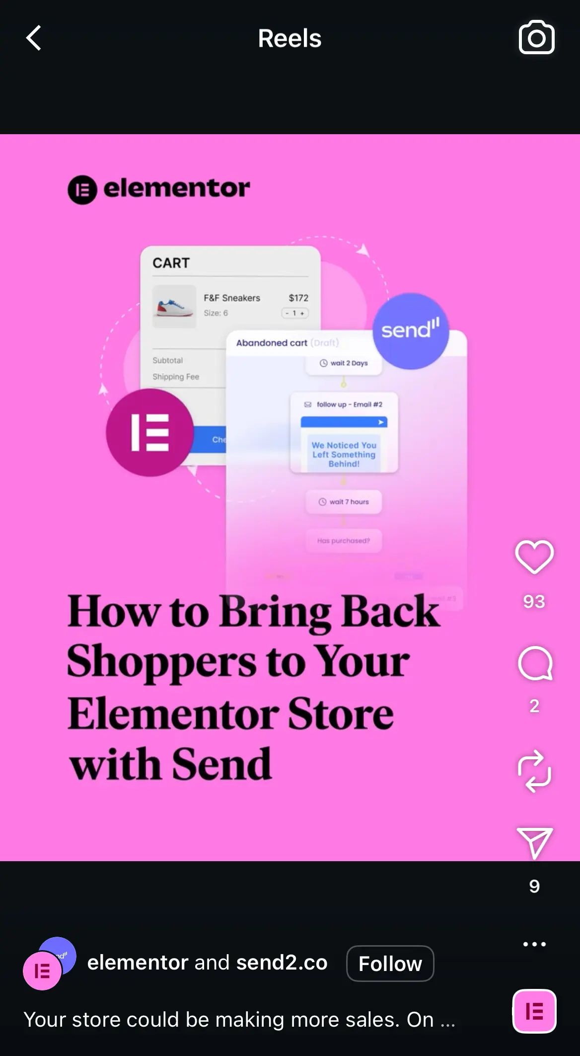Bright pink Instagram Reel cover showing an Elementor eCommerce automation flow with the text “How to Bring Back Shoppers to Your Elementor Store with Send” alongside visuals of an abandoned cart email sequence.