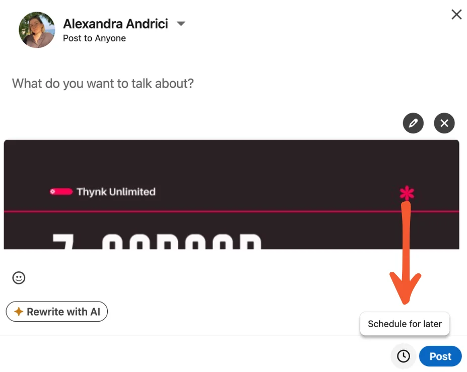 A LinkedIn post draft showing an uploaded document preview. An orange arrow points to the clock icon in the bottom right corner, which opens the “Schedule for later” option next to the blue Post button.
