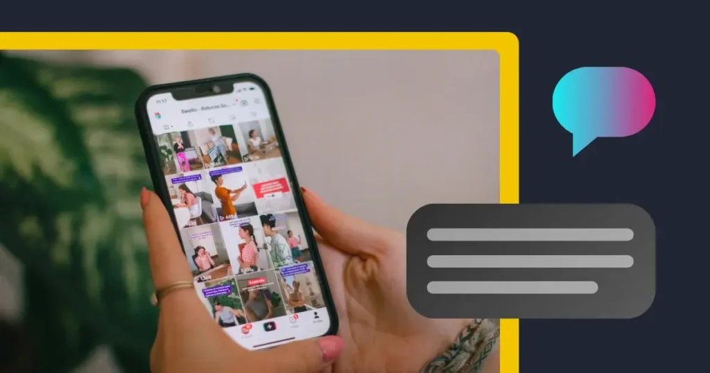 Person holding a smartphone displaying a TikTok grid of scheduled or drafted videos, shown alongside chat-style icons to illustrate social media planning and communication.