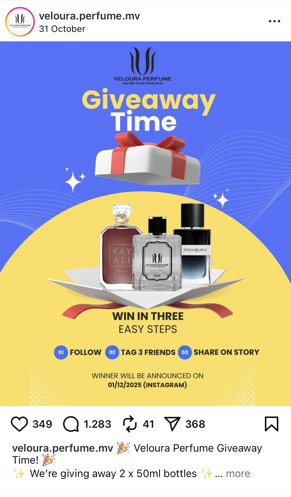 Veloura Perfume Instagram giveaway post with a purple and yellow background, showing three featured perfume bottles (Kay Ali, Veloura Perfume, and Yves Saint Laurent) and a gift box, alongside instructions to follow, tag three friends, and share the post to win.