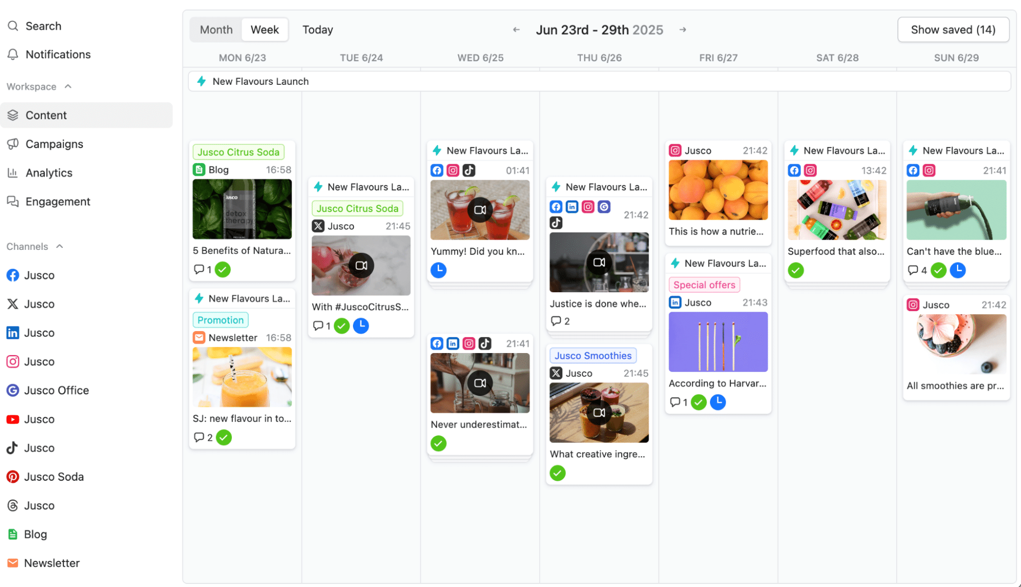 Planable’s content calendar featuring posts for the week of June 23-29, 2025, with images, captions and icons for social media platforms.