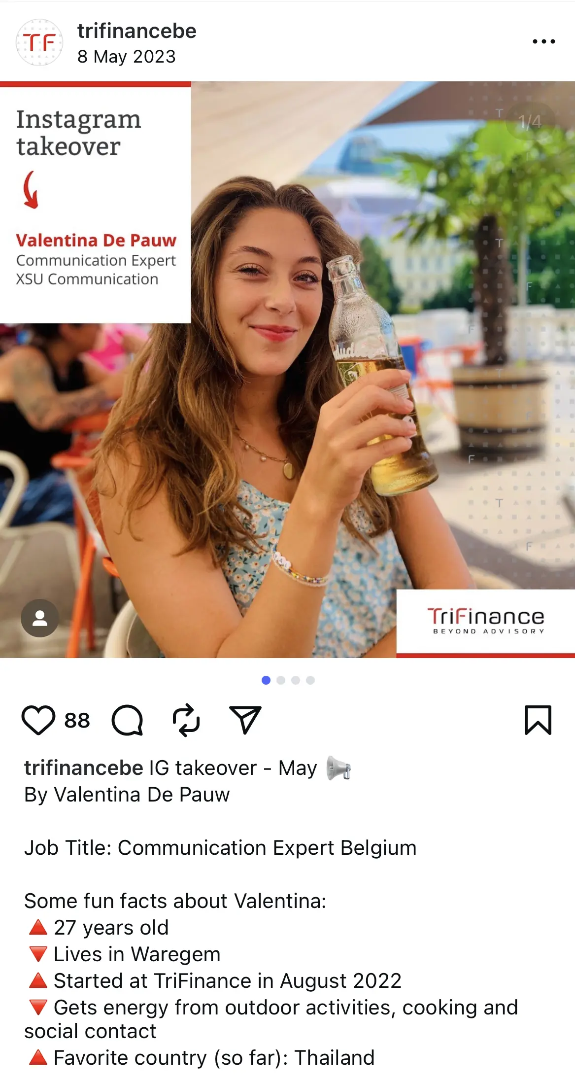 Instagram takeover post by TriFinance featuring Valentina De Pauw, a Communication Expert in Belgium, smiling and holding a Budels beer outdoors, with her name, role, and fun facts overlaid on the image.