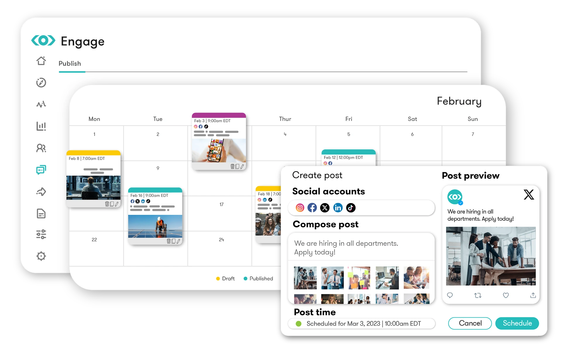 Screenshot of Meltwater’s social media calendar showing scheduled posts for February, with a post creation window displaying connected social accounts, composed message, media, and post preview.