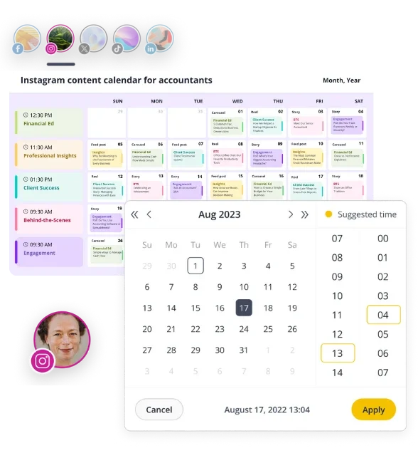 A monthly Instagram content calendar for accountants, displaying daily post types and topics color-coded by category—Financial Education, Professional Insights, Client Success, Behind-the-Scenes, and Engagement—organized in a grid layout with scheduled times and content notes for each day.