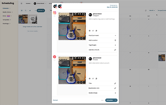 Social media scheduling dashboard showing a post being prepared for Instagram and Pinterest.