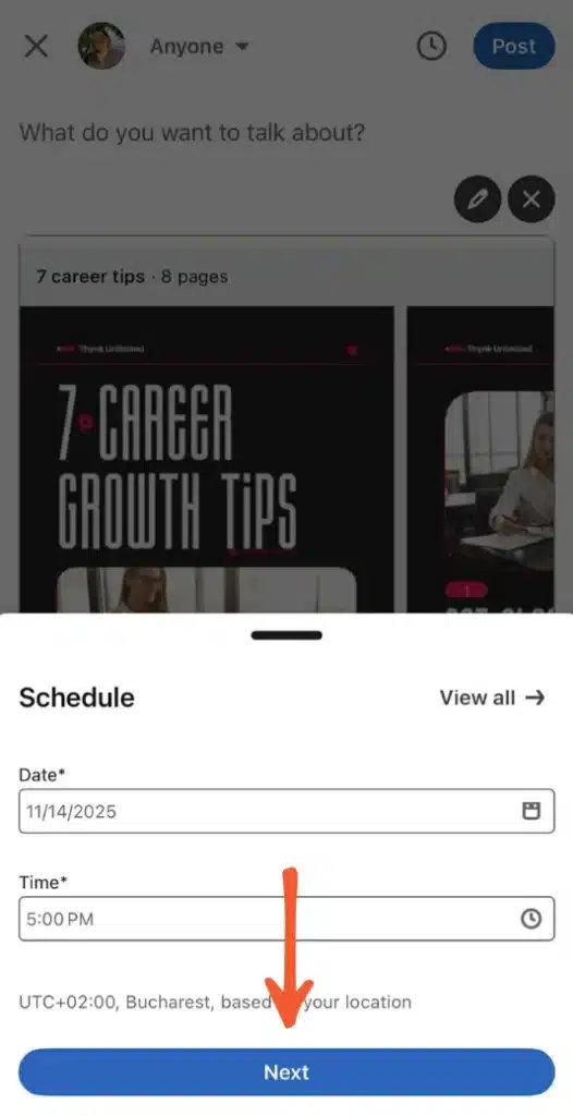 A LinkedIn scheduling window showing a document post preview at the top and date and time fields below. The date is set to November 14, 2025, and the time to 5:00 PM. At the bottom, a blue “Next” button is highlighted with an orange arrow pointing toward it.