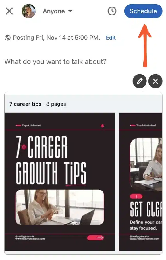 A LinkedIn post draft showing a scheduled carousel titled “7 career tips.” An orange arrow points to the blue “Schedule” button in the upper-right corner, indicating where to confirm the scheduled post time.