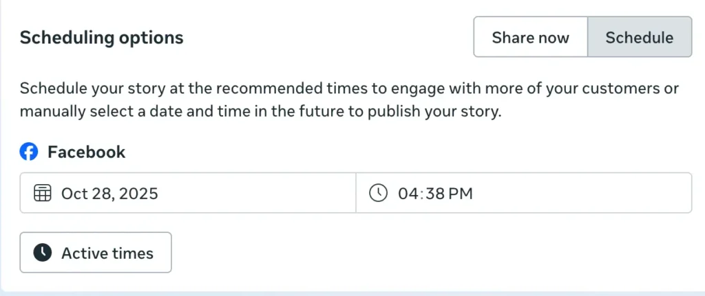 Meta Business Suite scheduling options panel showing how to choose a date and time to publish a Facebook Story.
