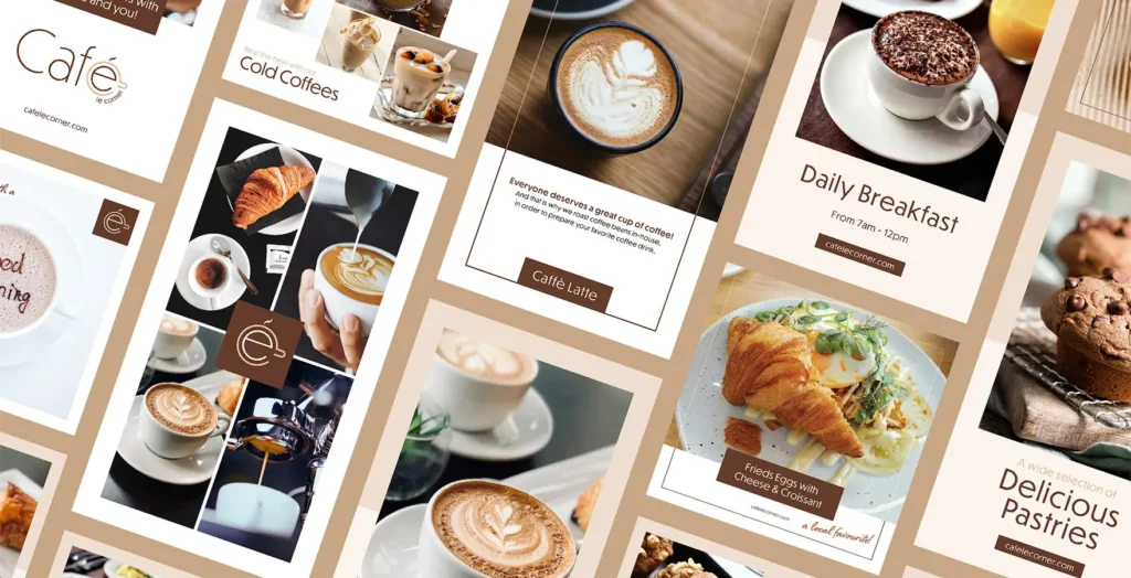 Collection of coffee shop promotional Facebook Story templates featuring pastries, coffee drinks, and breakfast specials.