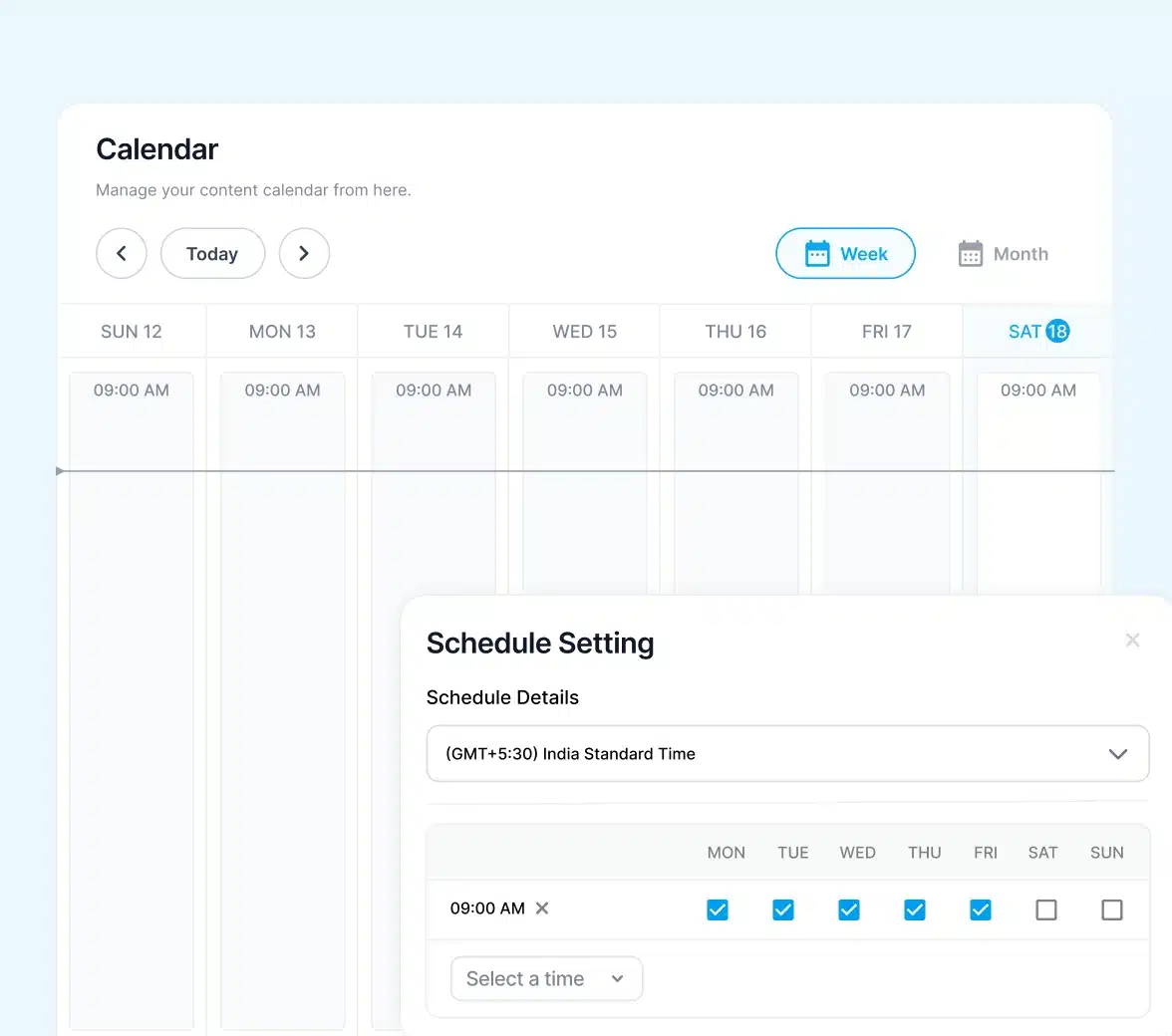 Supergrow’s content calendar interface showing a weekly schedule view and scheduling settings with a 9:00 AM posting time selected for Monday through Friday.