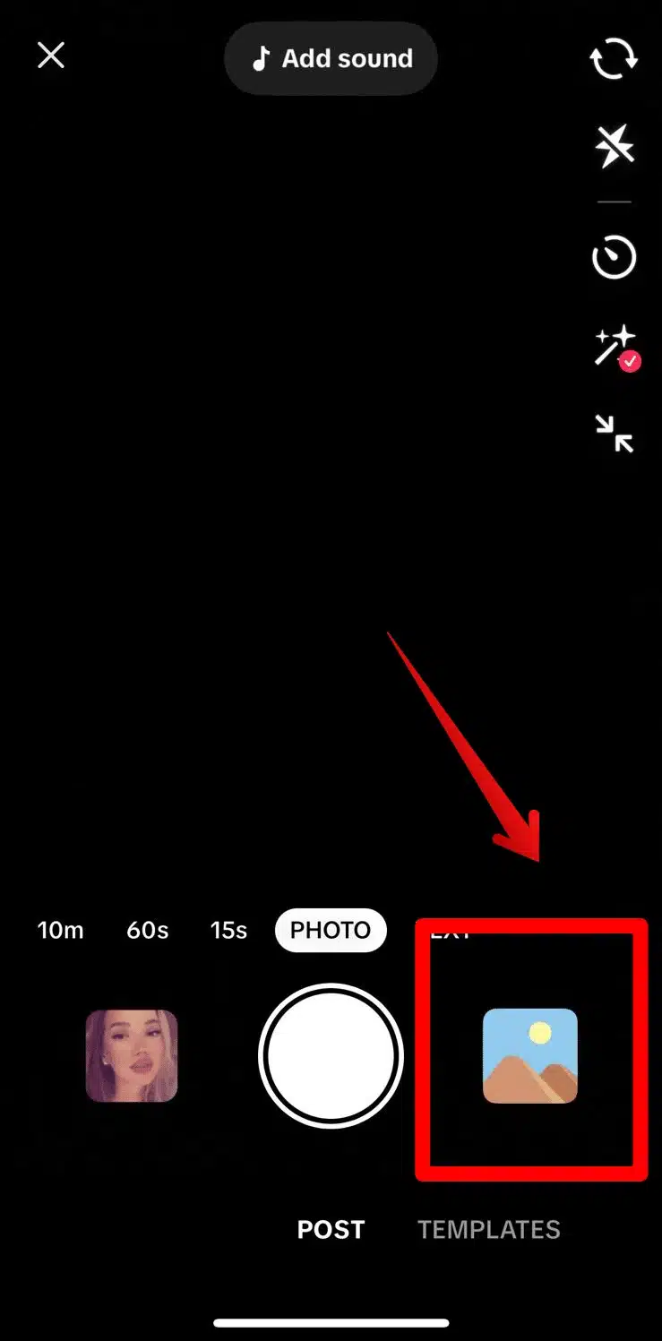 TikTok post creation screen with a red arrow pointing to the photo gallery icon in the bottom-right corner, indicating where to tap to upload media from your device.
