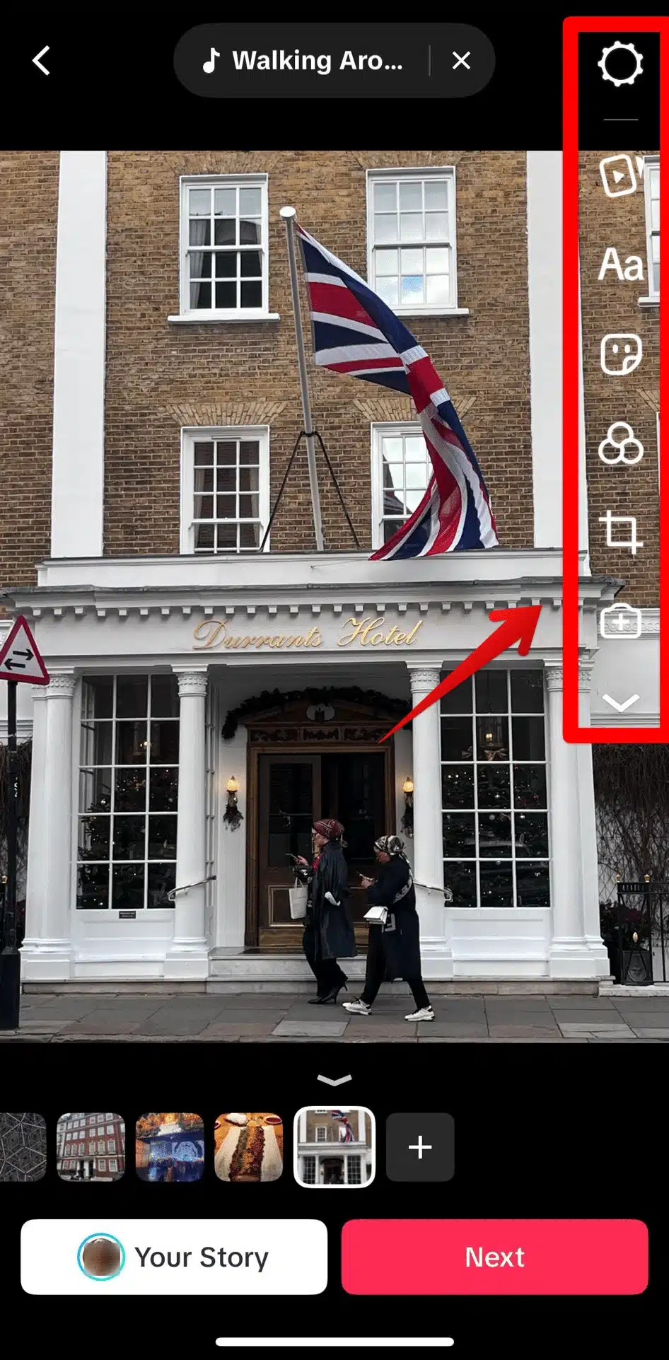TikTok slideshow editing screen showing one selected image with editing tools on the right (settings, text, stickers, filters, and cropping). Navigation arrows and image thumbnails appear at the bottom, with options to post to "Your Story" or proceed with "Next".
