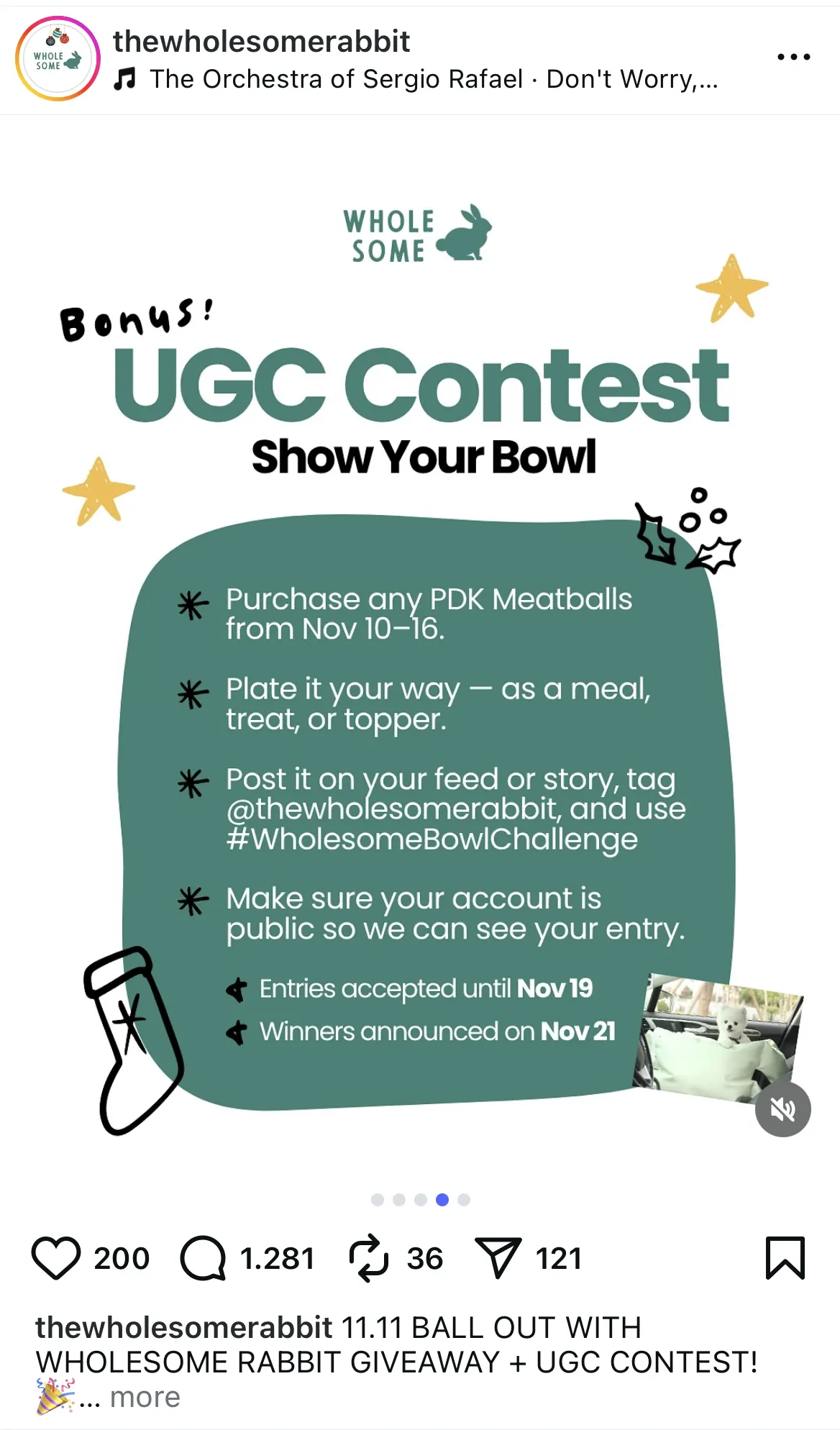 Instagram post from @thewholesomerabbit promoting a UGC contest called 'Show Your Bowl,' encouraging followers to share creative ways of plating PDK Meatballs between November 10–16 for a chance to win, with winners announced on November 21.