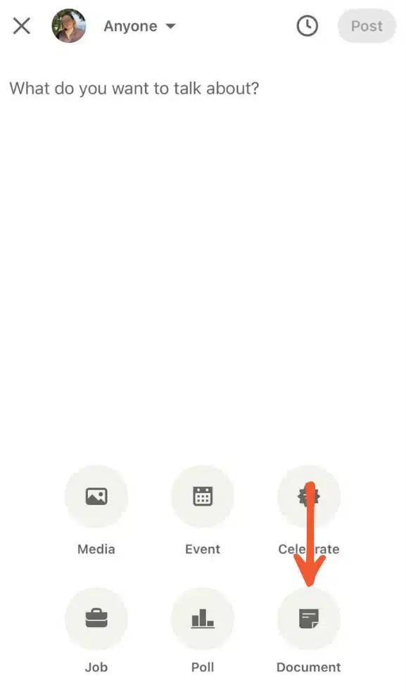 A LinkedIn post composer screen showing six post options—Media, Event, Celebrate, Job, Poll, and Document. An orange arrow points to the “Document” option at the bottom right.