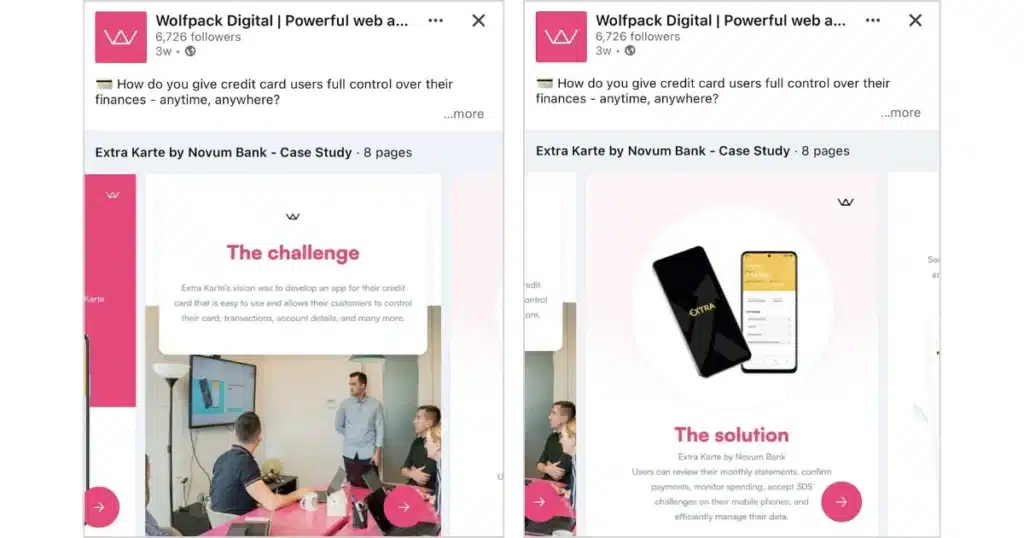 Side-by-side screenshots of a LinkedIn carousel post from Wolfpack Digital titled “Extra Karte by Novum Bank – Case Study.” The left screenshot shows the slide labeled “The challenge,” featuring text about developing a user-friendly credit card app and an image of a team sitting in a meeting room. The right screenshot shows the slide titled “The solution,” with two smartphones displaying the Extra Karte app interface and text explaining features like reviewing statements, confirming payments, monitoring spending, and managing data.