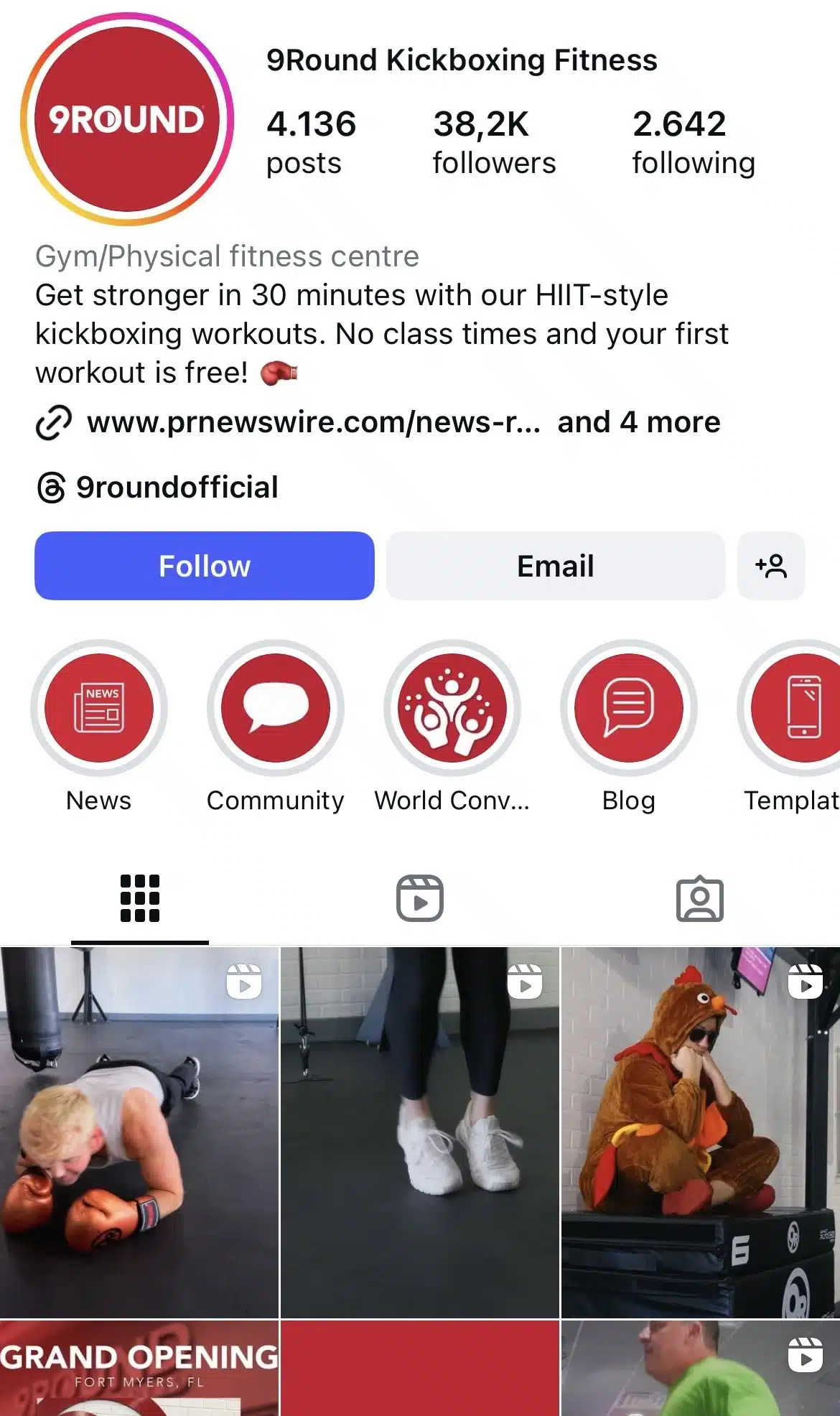 Instagram profile for 9Round Kickboxing Fitness highlighting its 30-minute HIIT kickboxing workouts, with story highlights for news and community, and a grid showing workout clips, training routines, and playful gym content.