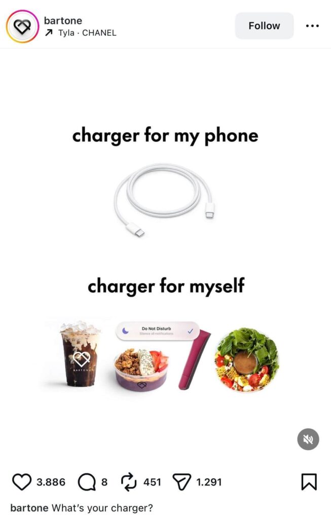 A clean, white-background Instagram post comparing “charger for my phone” (a single charging cable) with “charger for myself,” shown as coffee, food, a vape, and a Do Not Disturb notification.