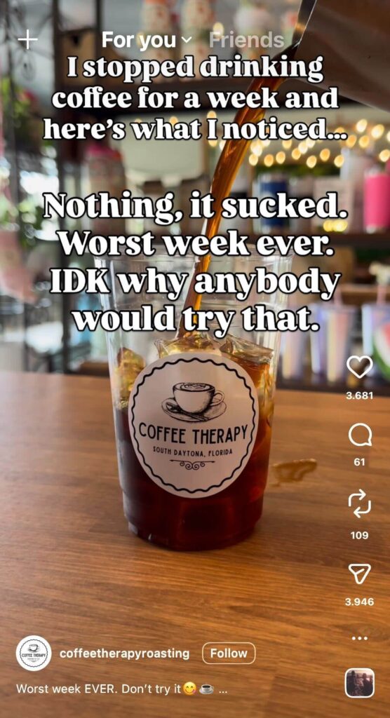 Iced coffee is being poured into a clear cup on a café counter. On-screen text jokes about quitting coffee for a week and hating it.